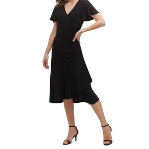 KENSIE Faux Wrap Dress Midi Black Flutter Sleeve Ruching Size Large NWT MSRP $98